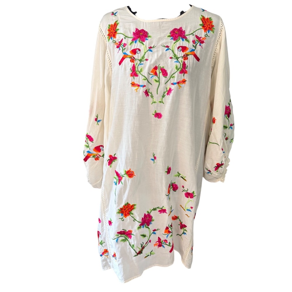 Zara Woman Embroidered Floral Parrot Boho‎ Shift Dress Tunic Size M